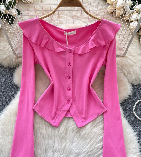 Vintage Fashion Women's Sweet Solid Single Breasted Long Sleeved T Shirt Spring Round Neck Ruffle Edge Short Cardigan Tops Trend