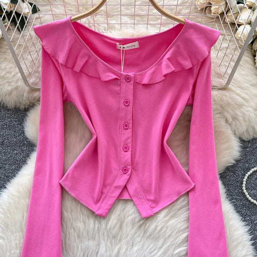 Load image into Gallery viewer, Vintage Fashion Women's Sweet Solid Single Breasted Long Sleeved T Shirt Spring Round Neck Ruffle Edge Short Cardigan Tops Trend
