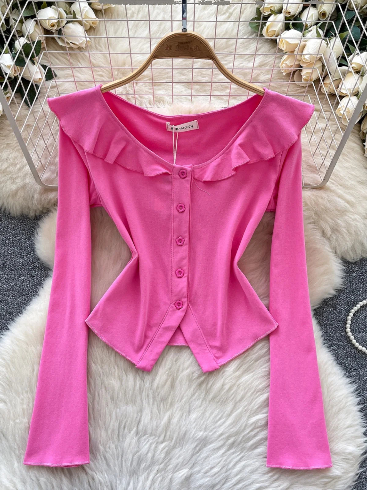 Vintage Fashion Women's Sweet Solid Single Breasted Long Sleeved T Shirt Spring Round Neck Ruffle Edge Short Cardigan Tops Trend