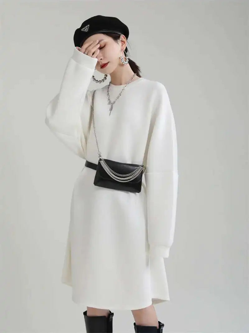 Women White Big Size Shaped Long Dress New Round Neck Long Sleeve Loose Fit Fashion Tide Spring Autumn 2025 1DE4098
