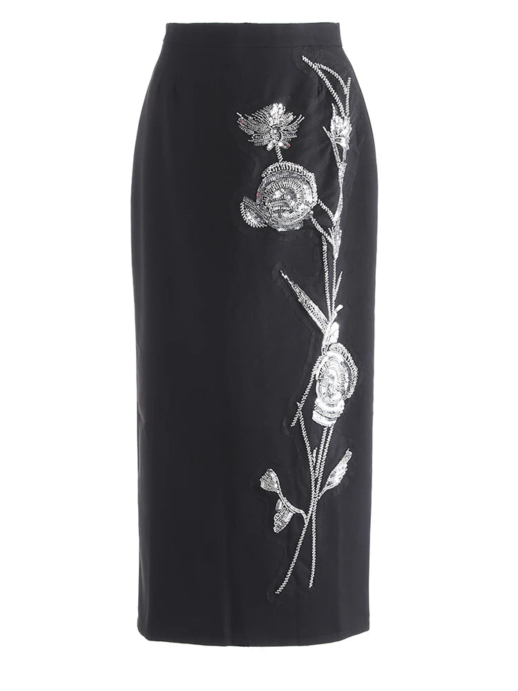 High Elastic Waist Black Three-dimensional Nailed Flower Half-body Skirt Women Fashion Tide New Spring Autumn 2025 1DJ0647