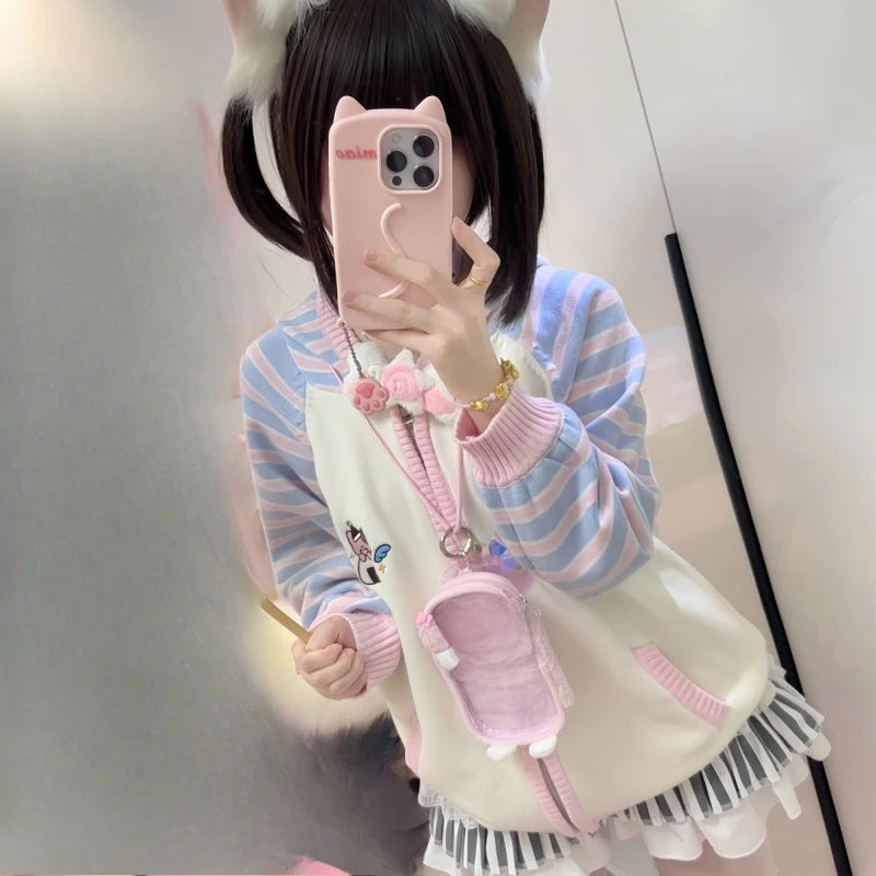 Japanese Stripe Patchwork Cardigans Women Y2k Aesthetic Cartoon Embroidery Sweater Streetwear Hooded Grunge Loose Zipper Coats