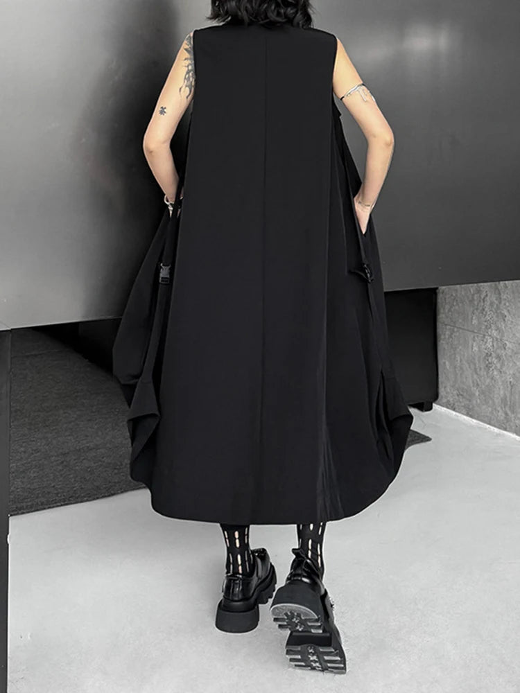 Women Black Pockets Big Size Casual Midi Vest Dress New Round Neck Sleeveless Fashion Tide Spring Autumn 2025 1DJ1167