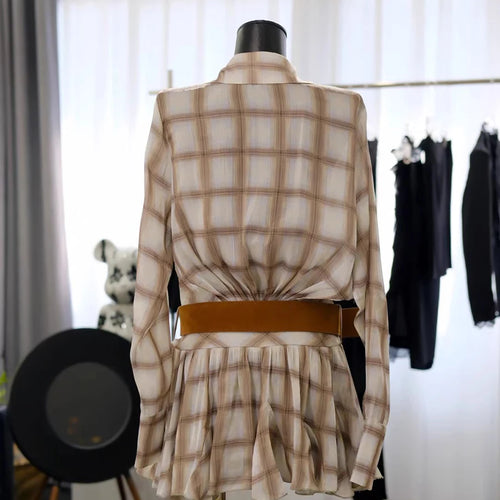 Load image into Gallery viewer, Hit Color Spliced Plaid Casual Mini Dresses for Women Lapel Long Sleeves Patchwork Folds Fashion Dress Female New
