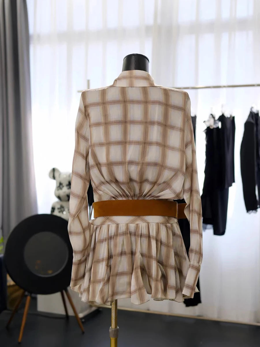 Hit Color Spliced Plaid Casual Mini Dresses for Women Lapel Long Sleeves Patchwork Folds Fashion Dress Female New