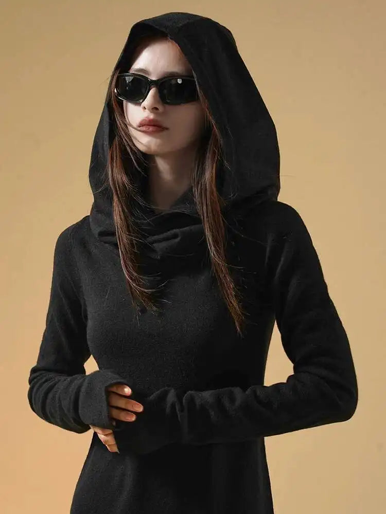 Women Oat Color Knitting Ankle Length Dress New Hooded Long Sleeve Loose Fit Fashion Tide Spring Autumn 2025 1DH3764