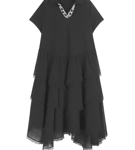 Women Black Flower Pearl Big Size Elegant Lace Midi Dress New V-Neck Short Sleeve Fashion Tide Spring Summer 2025 1DJ1419