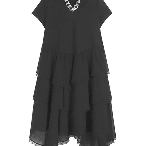 Load image into Gallery viewer, Women Black Flower Pearl Big Size Elegant Lace Midi Dress New V-Neck Short Sleeve Fashion Tide Spring Summer 2025 1DJ1419
