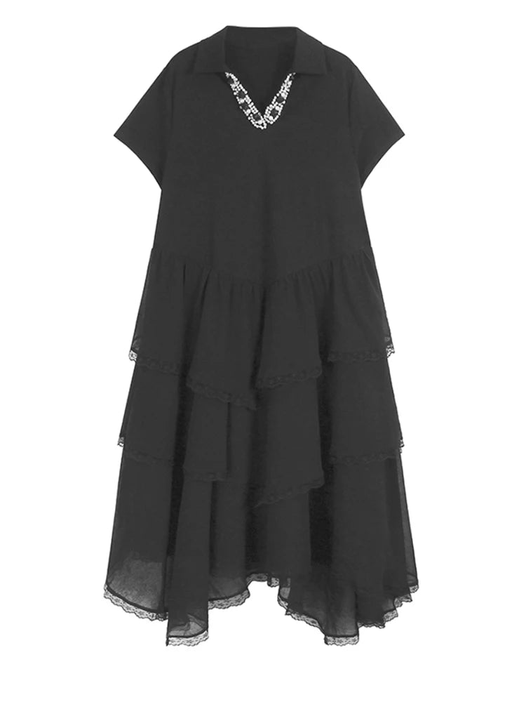 Women Black Flower Pearl Big Size Elegant Lace Midi Dress New V-Neck Short Sleeve Fashion Tide Spring Summer 2025 1DJ1419