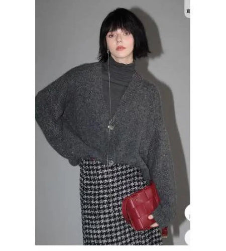 Women Gray Single Breasted Knitted Cardigan Loose Sweater 2024 Autumn Winter Holiday V Neck Long Sleeve Tops Casual Popular Chic