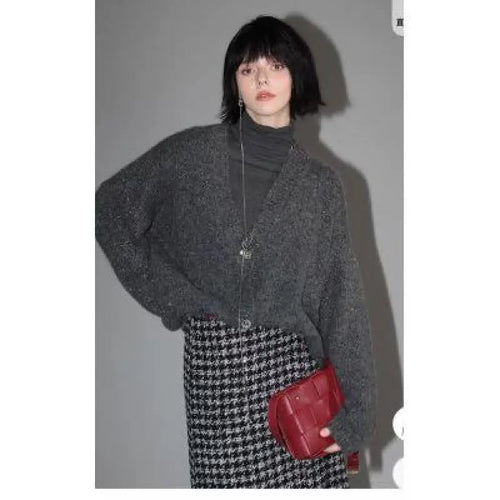 Load image into Gallery viewer, Women Gray Single Breasted Knitted Cardigan Loose Sweater 2024 Autumn Winter Holiday V Neck Long Sleeve Tops Casual Popular Chic
