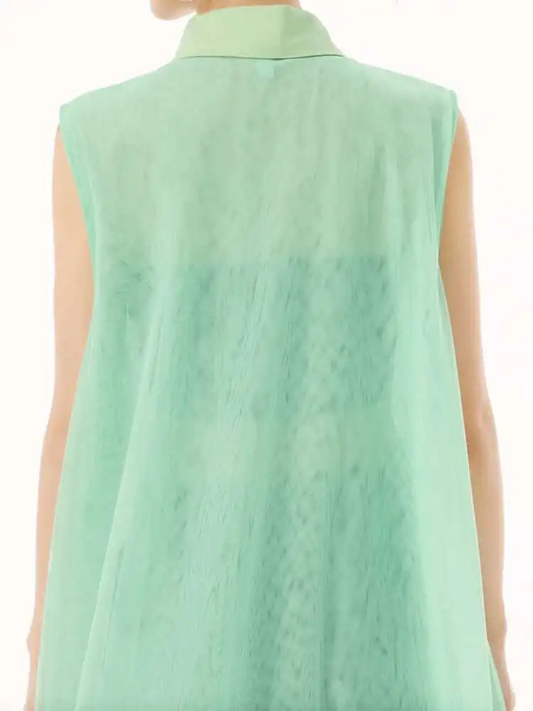 Women Black Layers Mesh Big Size Midi Vest Shirt Dress New Lapel Sleeveless Fashion Tide Spring Summer 2025 1DH9472