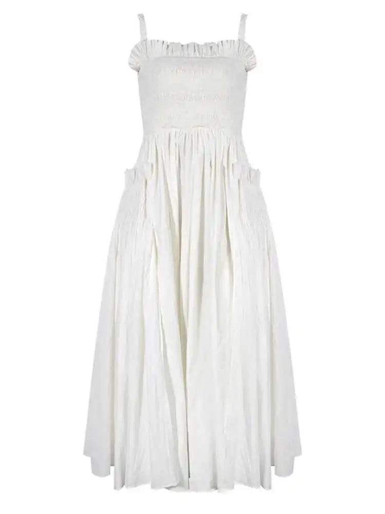 Women White Sling Backless Pleated Shrink Waist Slim Vintage Dress New Square Collar Fashion Spring Autumn 2025 JF54801