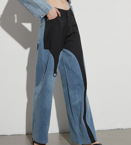 Colorblock Casual Loose Denim Pants For Women High Waist Streetwear Spliced Button Wide Leg Jeans Female Fashion