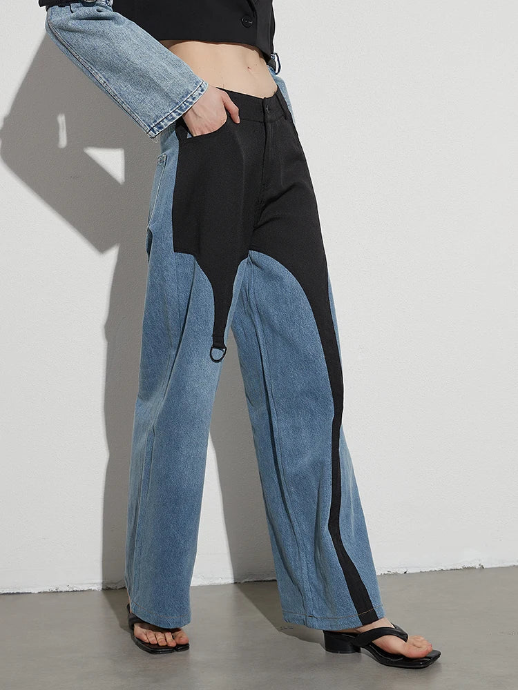 Colorblock Casual Loose Denim Pants For Women High Waist Streetwear Spliced Button Wide Leg Jeans Female Fashion