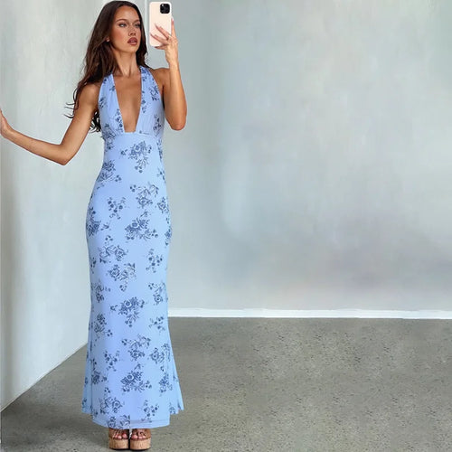 Load image into Gallery viewer, Summer Backless Print Maxi Dress Women Beach Holiday Gown Elegant Halter Deep V Neck Sleeveless Bodycon Long Dress
