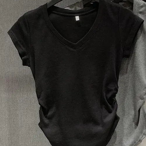 Load image into Gallery viewer, Summer Solid V Neck Pullover Irregular Pleated T Shirt Women Short Sleeved Holiday Tops 2024 Korean Fashion Simplicity Clothing
