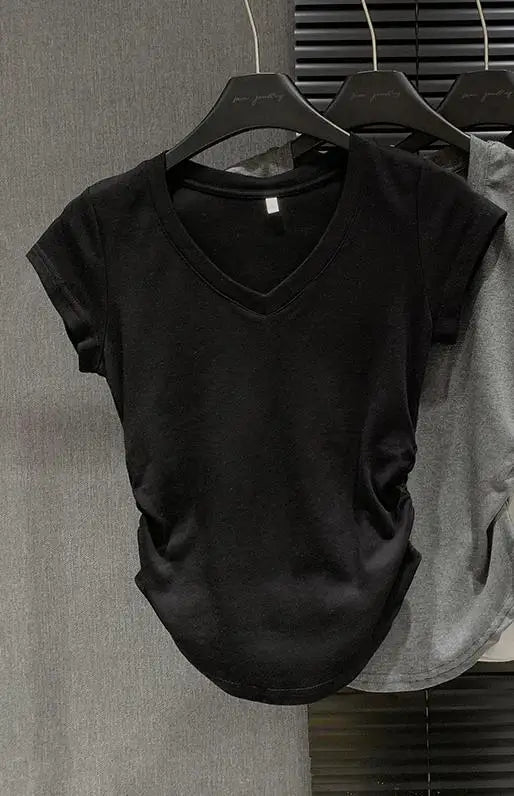 Summer Solid V Neck Pullover Irregular Pleated T Shirt Women Short Sleeved Holiday Tops 2024 Korean Fashion Simplicity Clothing