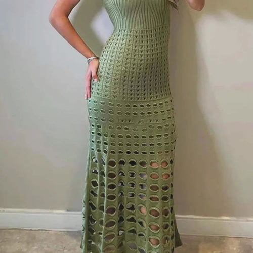 Load image into Gallery viewer, Strapless Off-shoulder Hollow Out Knit Maxi Dress For Women Gown Fashion Sleeveless Backless Beach Skinny Long Dress
