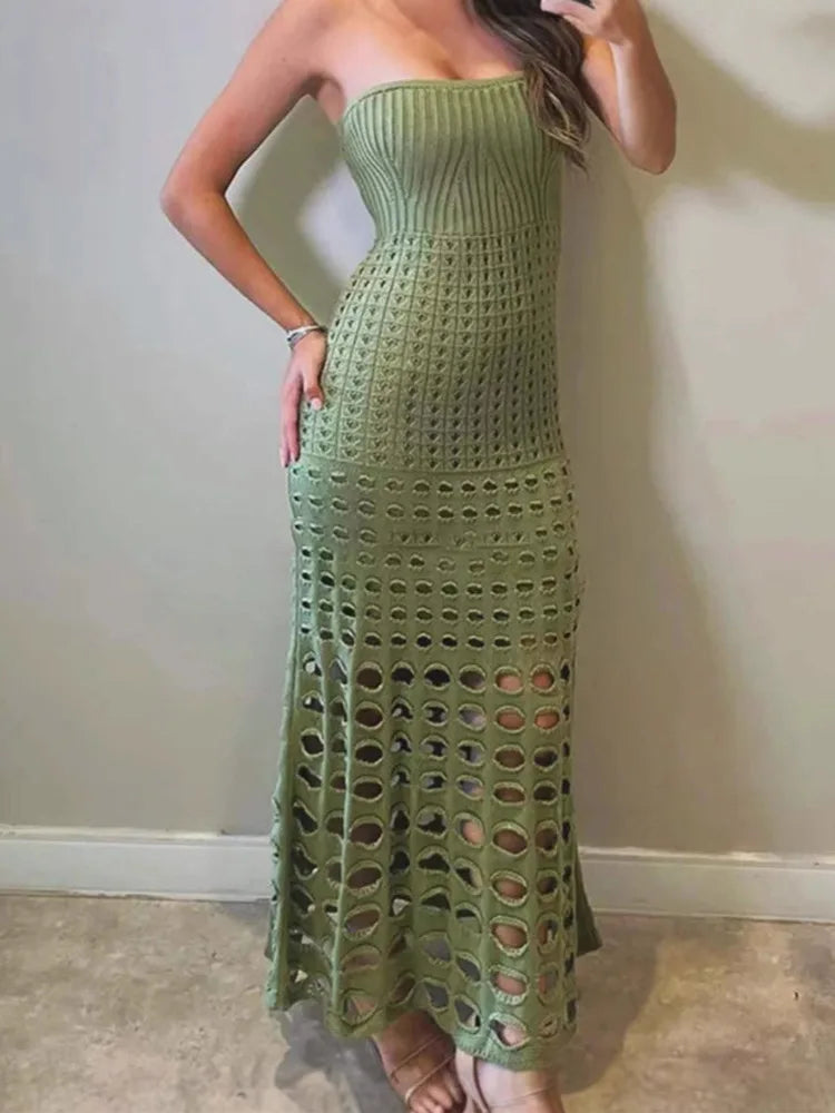 Strapless Off-shoulder Hollow Out Knit Maxi Dress For Women Gown Fashion Sleeveless Backless Beach Skinny Long Dress