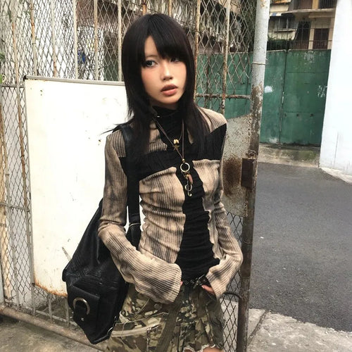 Load image into Gallery viewer, Japanese Y2k Ribbed Tops Vintage Harajuku Cross Print T-shirt Grunge Aesthetics Long Sleeve Patchwork Tops Trashy 2000s
