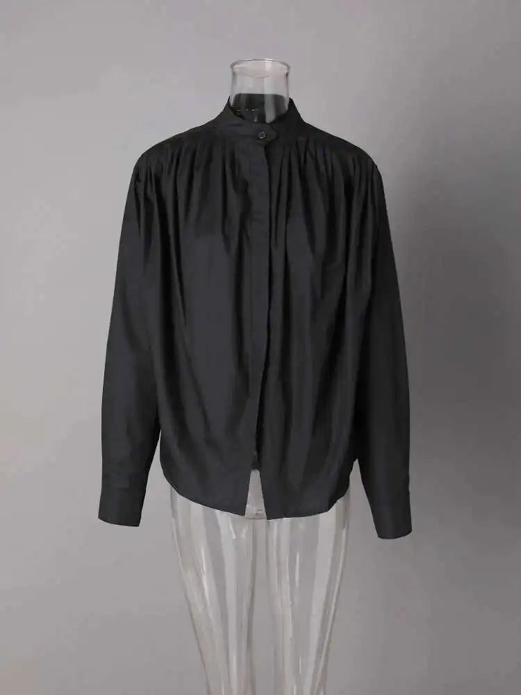 Women White Pleated Elegant Big Size Blouse New Stand Collar Long Sleeve Shirt Fashion Tide Spring Autumn 2025 CPG2608