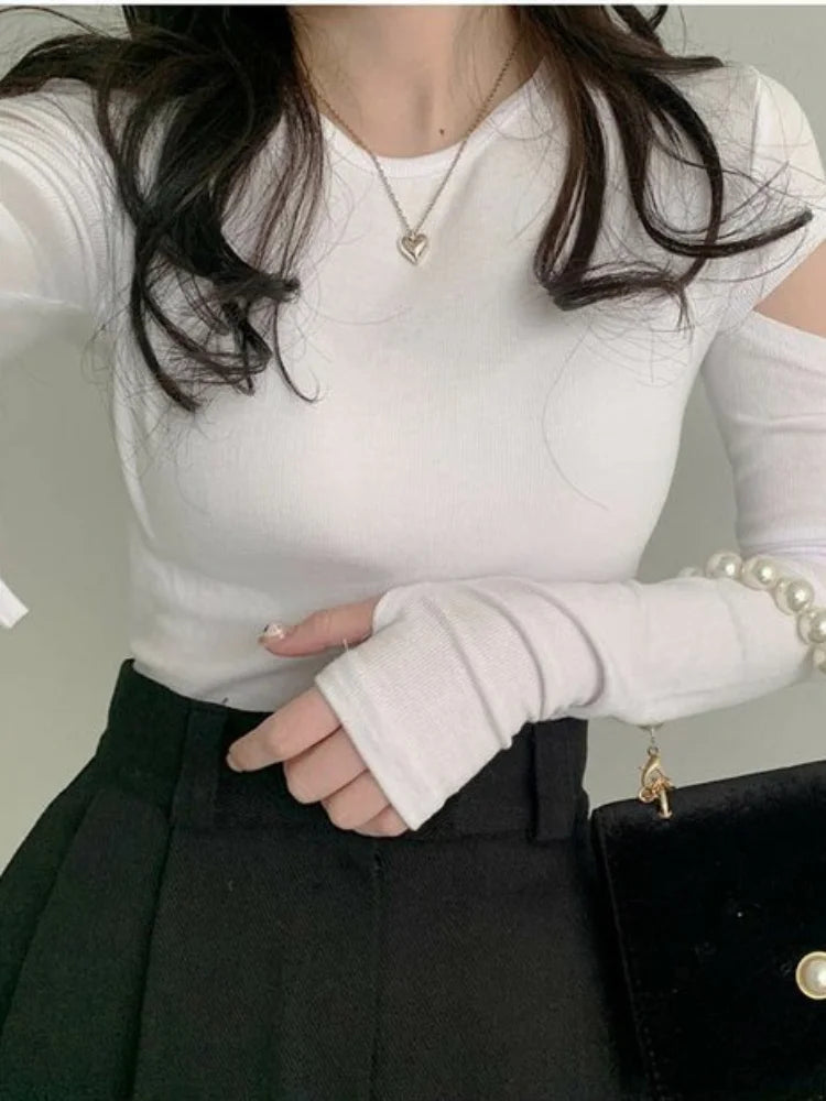 Women Bandage Harajuku Solid T Shirts Female Long Sleeve Tees  2025 Autumn T-shirt Streetwear Y2k All Match Hollow Out Tops