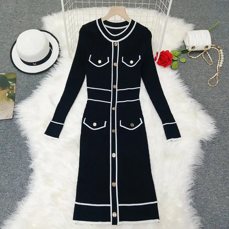 French Women Autumn Winter Patchwork Single Breasted Office Lady Sweater Dress Fashion Round Neck Festival Slim Knitting Dresses