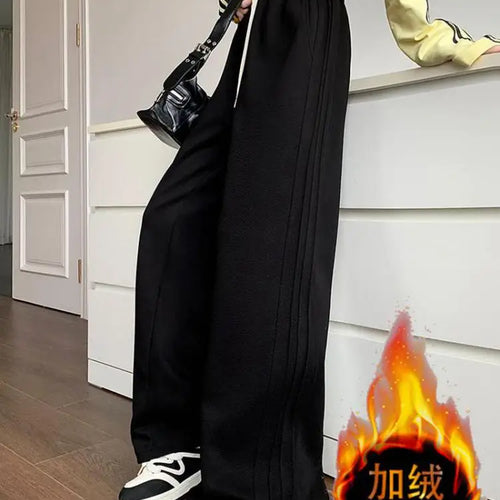 Load image into Gallery viewer, Women Black Velvet Elegant Drawstring Lace-up Baggy Cotton Long Pant Winter Grey High Waist Loose Wide Leg Oversize Trousers
