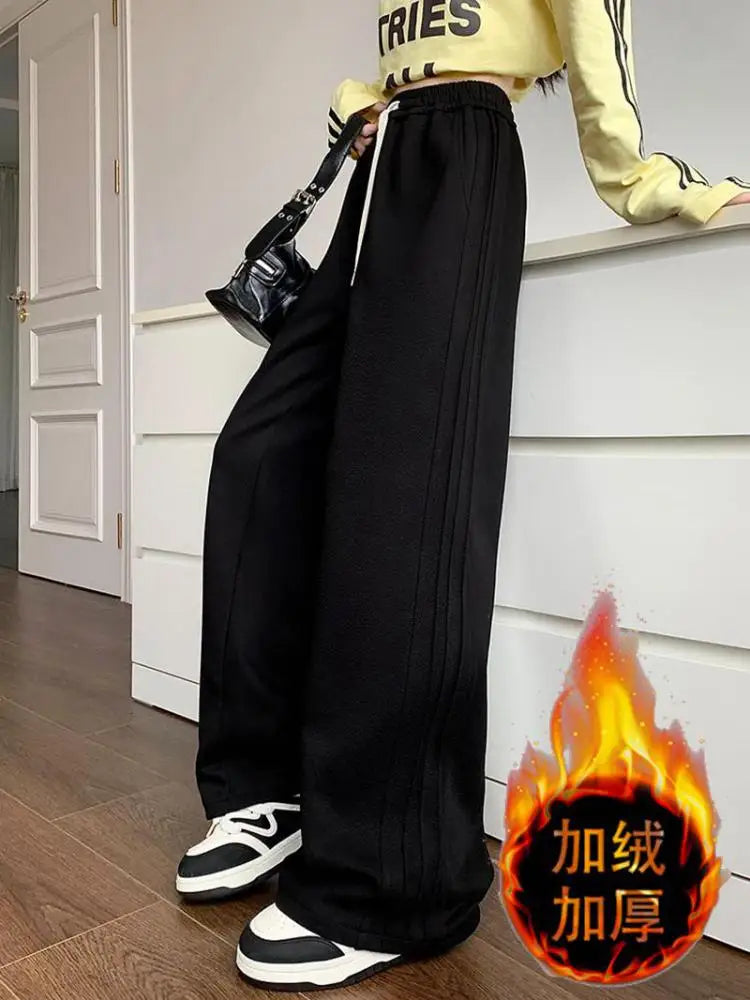 Women Black Velvet Elegant Drawstring Lace-up Baggy Cotton Long Pant Winter Grey High Waist Loose Wide Leg Oversize Trousers
