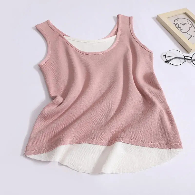 Summer Women Patchwork Backless Sleeveless Knit Vest Korean Sexy Club Asymmetrical Tank Tops Vintage Fashion Versatile Clothes