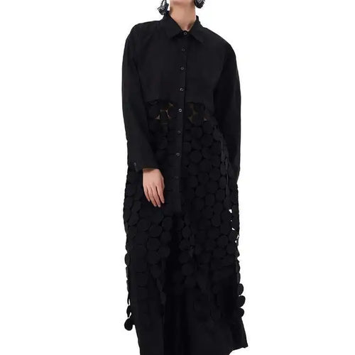 Load image into Gallery viewer, Women White Dot Tassels Hollow Out Midi Big Size Shirt Dress New Lapel Long Sleeve Fashion Tide Spring Autumn 2025 1DH9464
