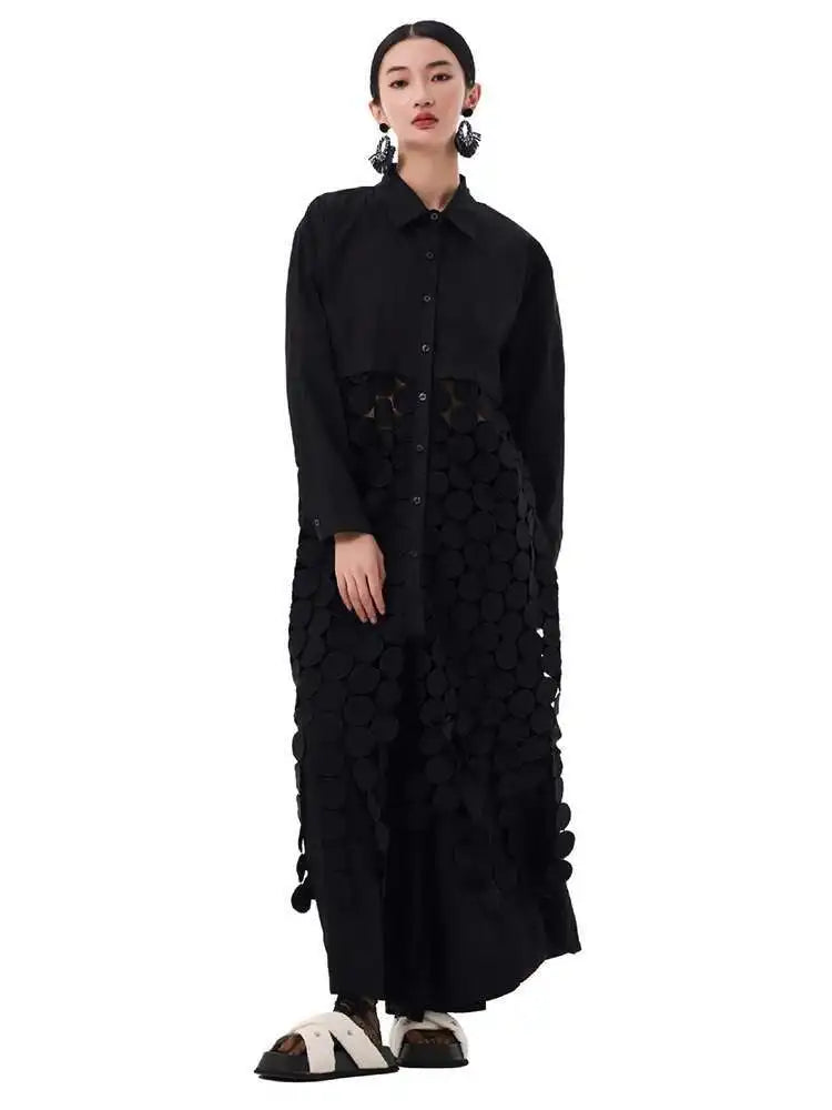 Women White Dot Tassels Hollow Out Midi Big Size Shirt Dress New Lapel Long Sleeve Fashion Tide Spring Autumn 2025 1DH9464