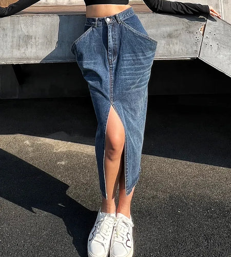 Blue Denim Skirt For Women High Waist Straight Split Solid Streetwear Midi Skirts Female Fashion Clothing