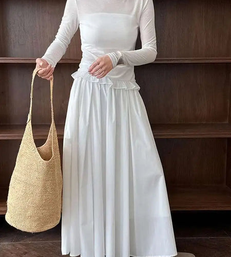 Women Black White Plain Color Ruffles Hem Thin T-shirt New Round Neck Long Sleeve Fashion Tide Spring Autumn 2025 1DJ0815