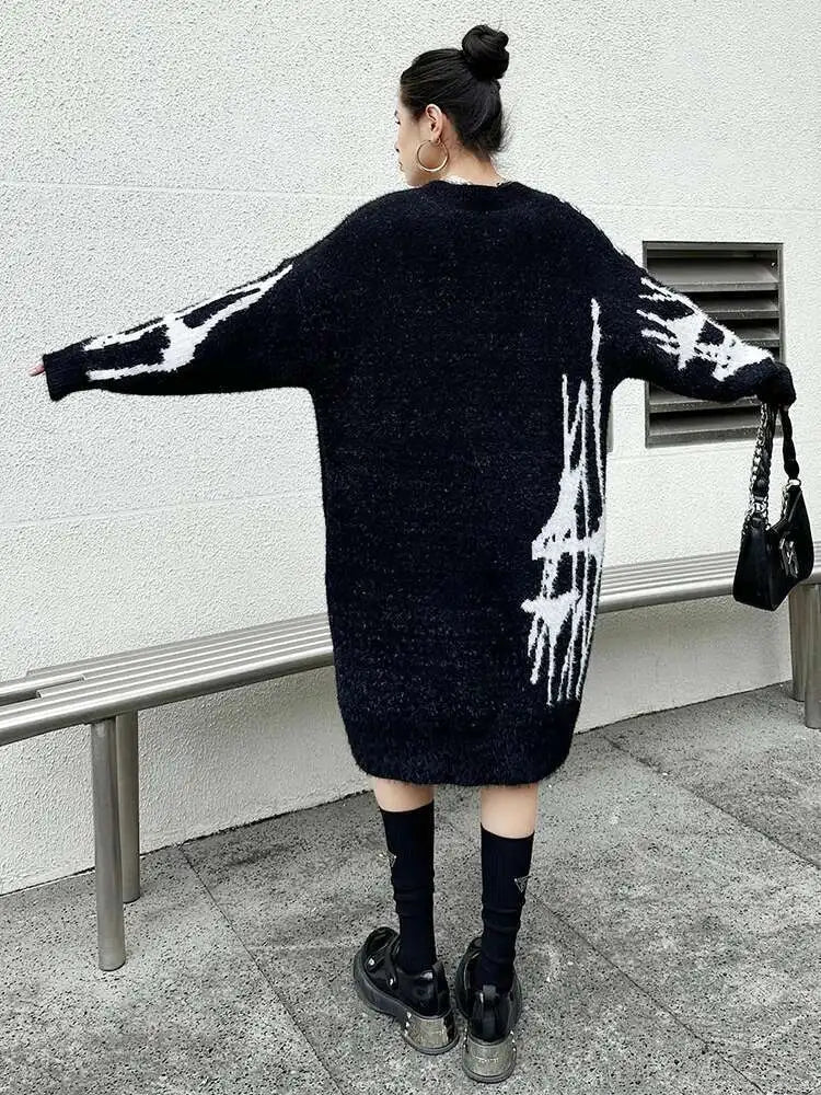 Women Black Pattern Thick Warm Big Size Sweater Dress New V-Neck Long Sleeve Fashion Tide Spring Autumn 2025 1DH8735