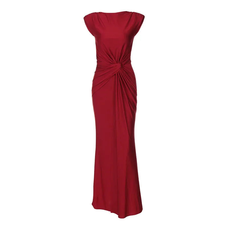 Sleeveless Ruched Sexy Maxi Dress For Women Gown Fashion Solid O Neck High Waist Bodycon Club Long Dress Vestido