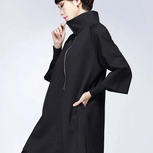 Load image into Gallery viewer, Women Black Zipper Casual Big Size Dress New Turtleneck Three-quarter Sleeve Loose Fit Fashion Spring Autumn 2025 1DF4717
