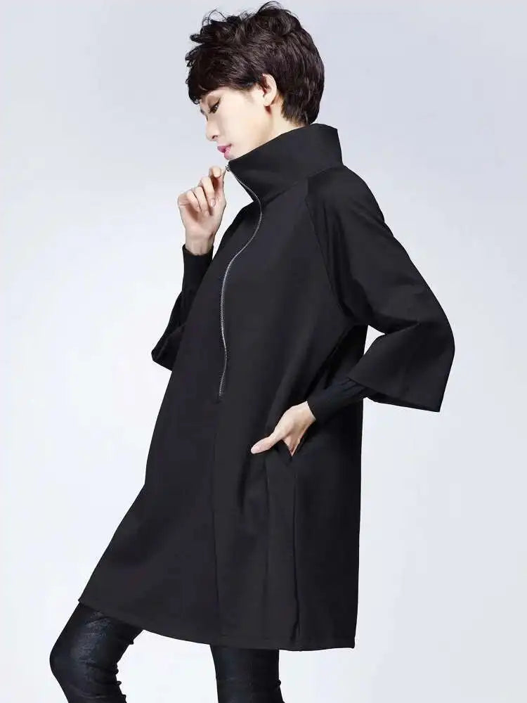 Women Black Zipper Casual Big Size Dress New Turtleneck Three-quarter Sleeve Loose Fit Fashion Spring Autumn 2025 1DF4717