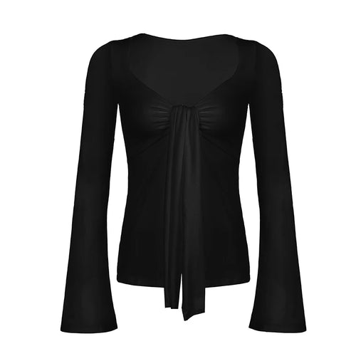 Load image into Gallery viewer, Fashion Black Flare Sleeve Sexy Women Shirts Cardigan Tie-Up Twisted Fall T-shirts Sexy Party Outfits Holidays Knit
