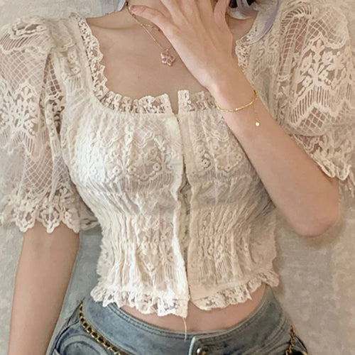 Load image into Gallery viewer, French Style Lace Embroidery Slim Women Blouse Puff Sleeve Sexy Solid Color Square Neck Office Lady Elegant Chic Blouses
