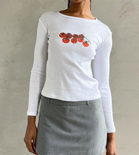 y2k Crop Top 2000s Women Graphic Cherry/Cake Print Round Neck Long Sleeve T Shirt Aesthetic Clothing White Streetwear