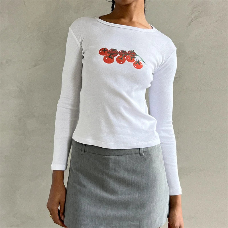 y2k Crop Top 2000s Women Graphic Cherry/Cake Print Round Neck Long Sleeve T Shirt Aesthetic Clothing White Streetwear