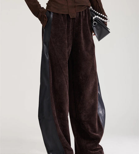 High Elastic Waist Coffee Pu Leather Spliced Wide Leg Pants New Trousers Women Fashion Tide Spring Autumn 2025 1DH8028