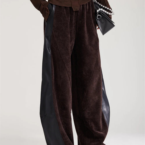 Load image into Gallery viewer, High Elastic Waist Coffee Pu Leather Spliced Wide Leg Pants New Trousers Women Fashion Tide Spring Autumn 2025 1DH8028
