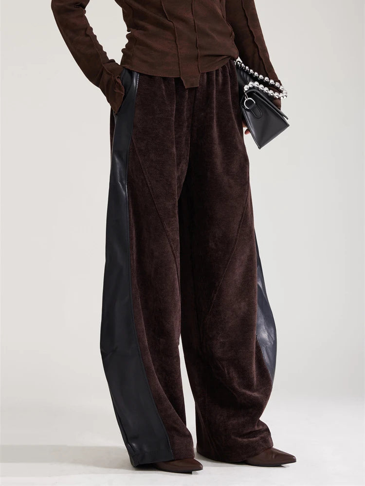 High Elastic Waist Coffee Pu Leather Spliced Wide Leg Pants New Trousers Women Fashion Tide Spring Autumn 2025 1DH8028