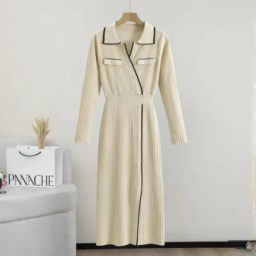 Load image into Gallery viewer, Korean Fashion 2024 Autumn Winter New Office Ladies Patchwork Elegant Long Sleeve Knitted Dress Women Slim Button Dresses Trendy
