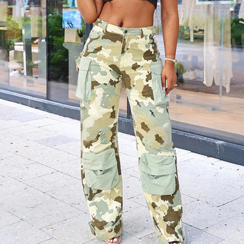 Streetwear Camouflage Cargo Pants Women Big Pockets Straight Baggy Sweatpants Harajuku Retro Trousers Contrast Color