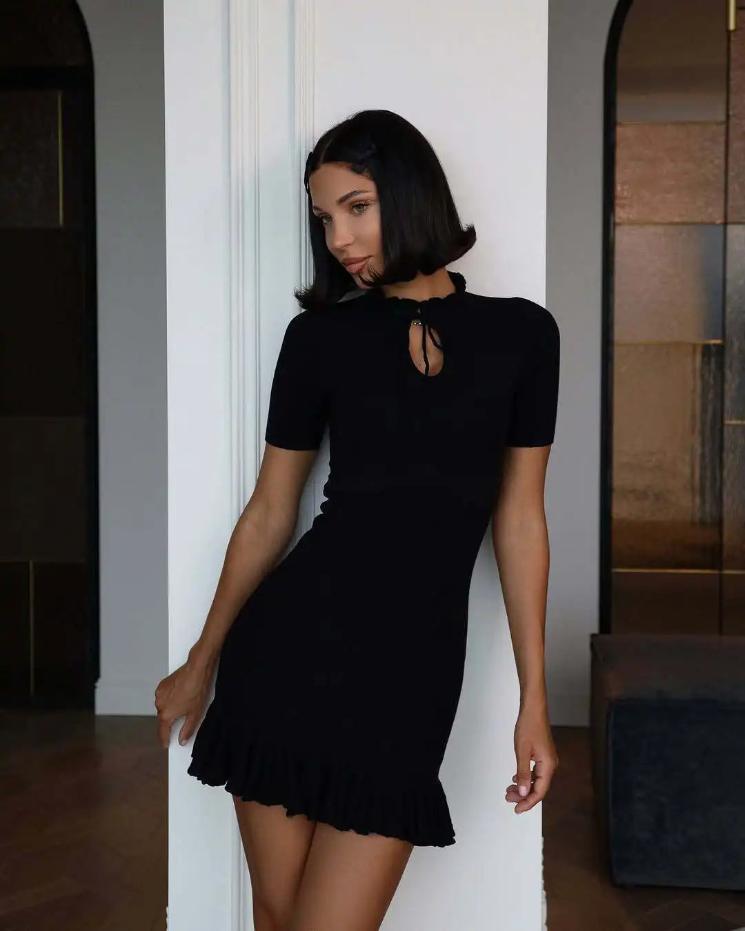 Summer Short Sleeve Ruffle Mini Dress Women Sweater Pullover Elegant Fashion Hollow Out Ribbed Slim High Waist Dress