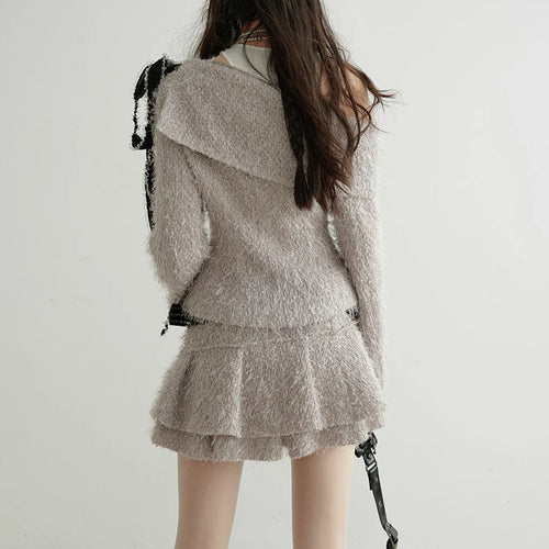 Load image into Gallery viewer, Gray Ribbons Sweater Mini Skirt Two Pieces Suit New Slash Neck Long Sleeve Women Fashion Tide Spring Autumn 2025 1DH9340
